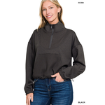 Zenana Zenana Scuba Half Zip Ribbed Detailed Pullover Black