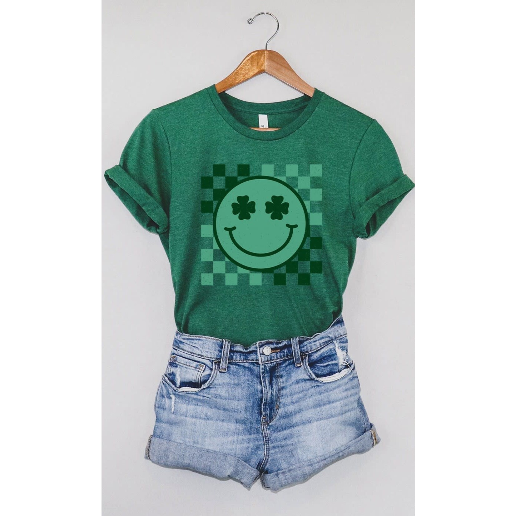Kissed Apparel Kissed Apparel Smile Face St Patricks Checker Tee Heather Green