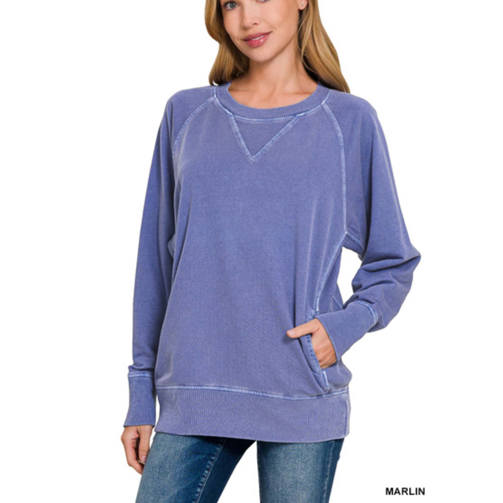 Zenana Zenana Pigment Dyed French Terry Pullover with Pockets Marlin