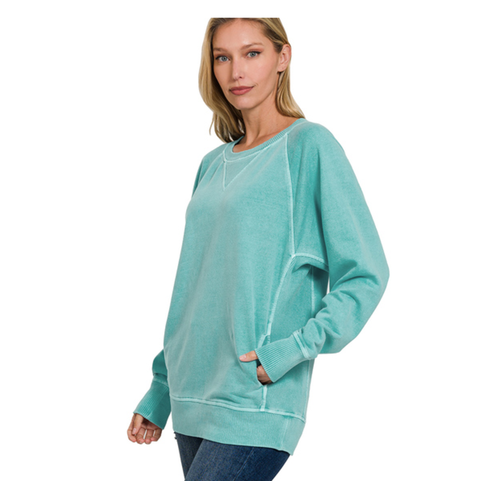 Zenana Zenana Pigment Dyed French Terry Pullover with Pockets Turquoise