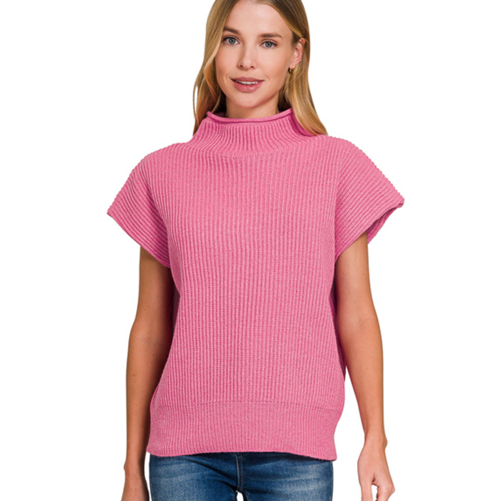 Zenana Zenana Power Shoulder Mock Neck Sweater Candy Pink