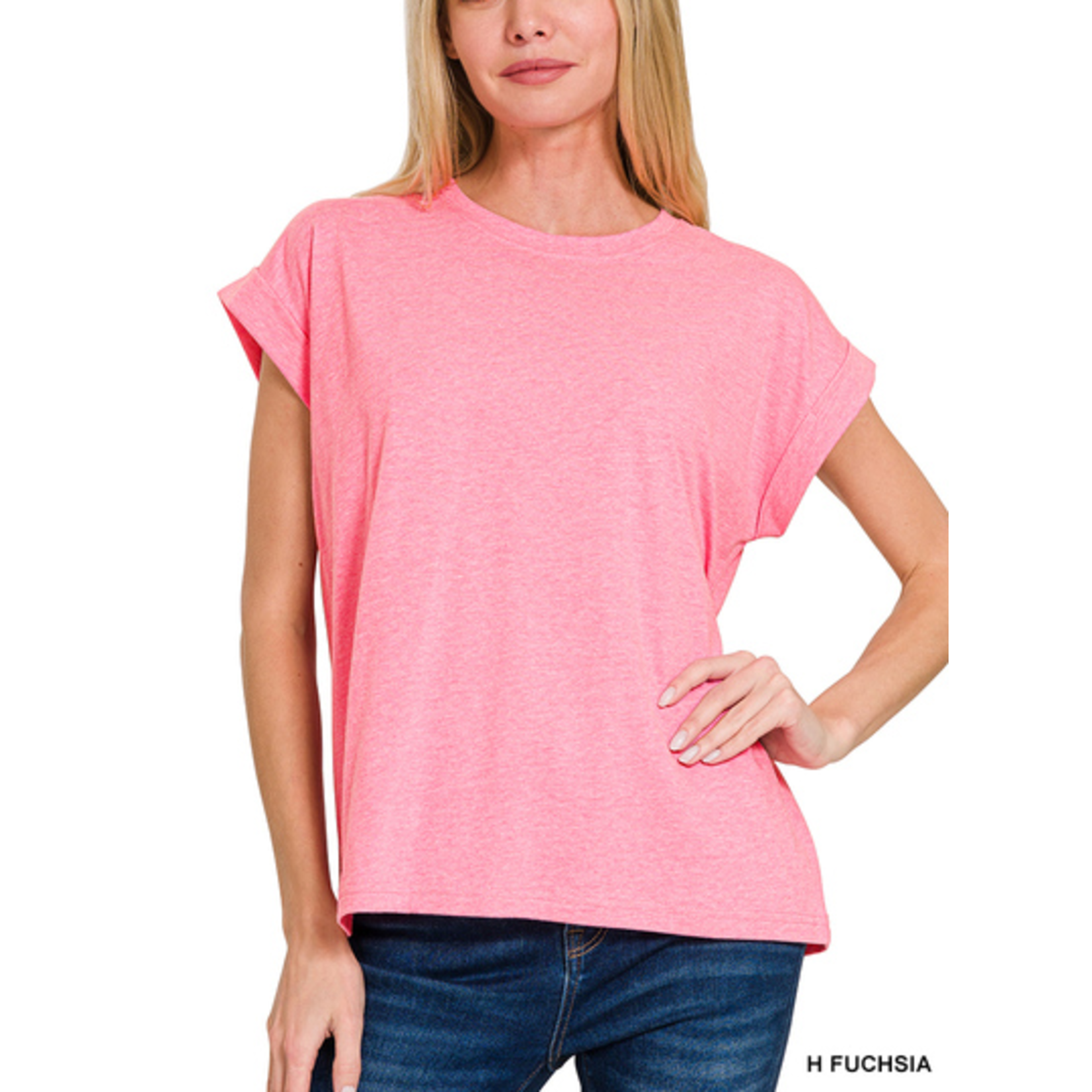 Zenana Zenana Folded Sleeve T-Shirt Heather Fuchsia