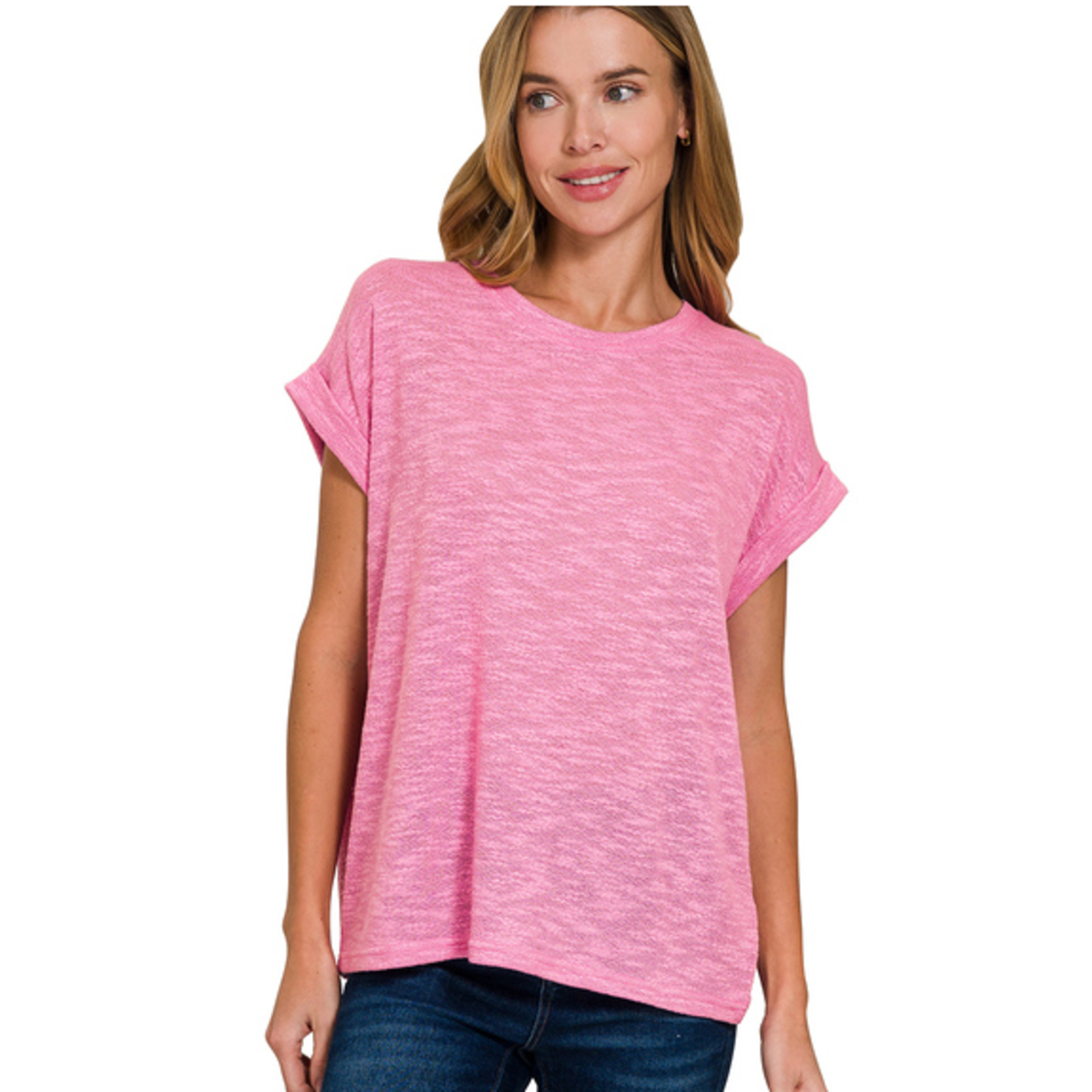 Zenana Zenana Hacci Rolled Up Sleeve Tee Candy Pink