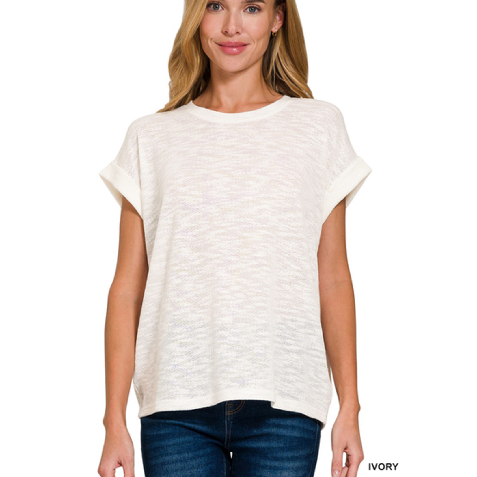 Zenana Zenana Hacci Rolled Up Sleeve Tee Ivory
