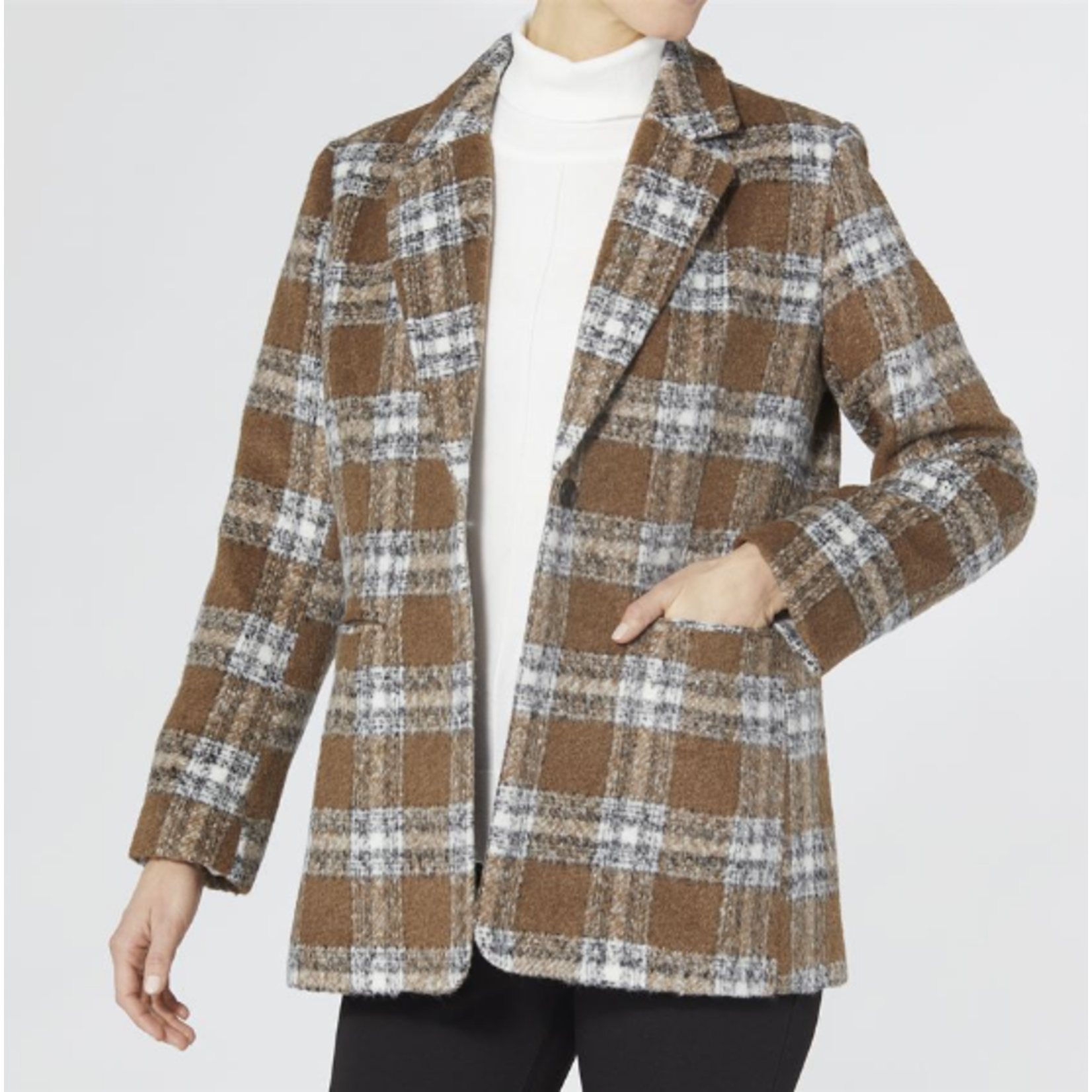 Coco + Carmen Coco & Carmen Essie Plaid Blazer Camel Grey Ivory
