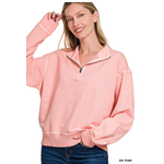 Zenana Zenana Terry Pigment Dye Enzyme Washed Half Zip Pullover Dark Pink