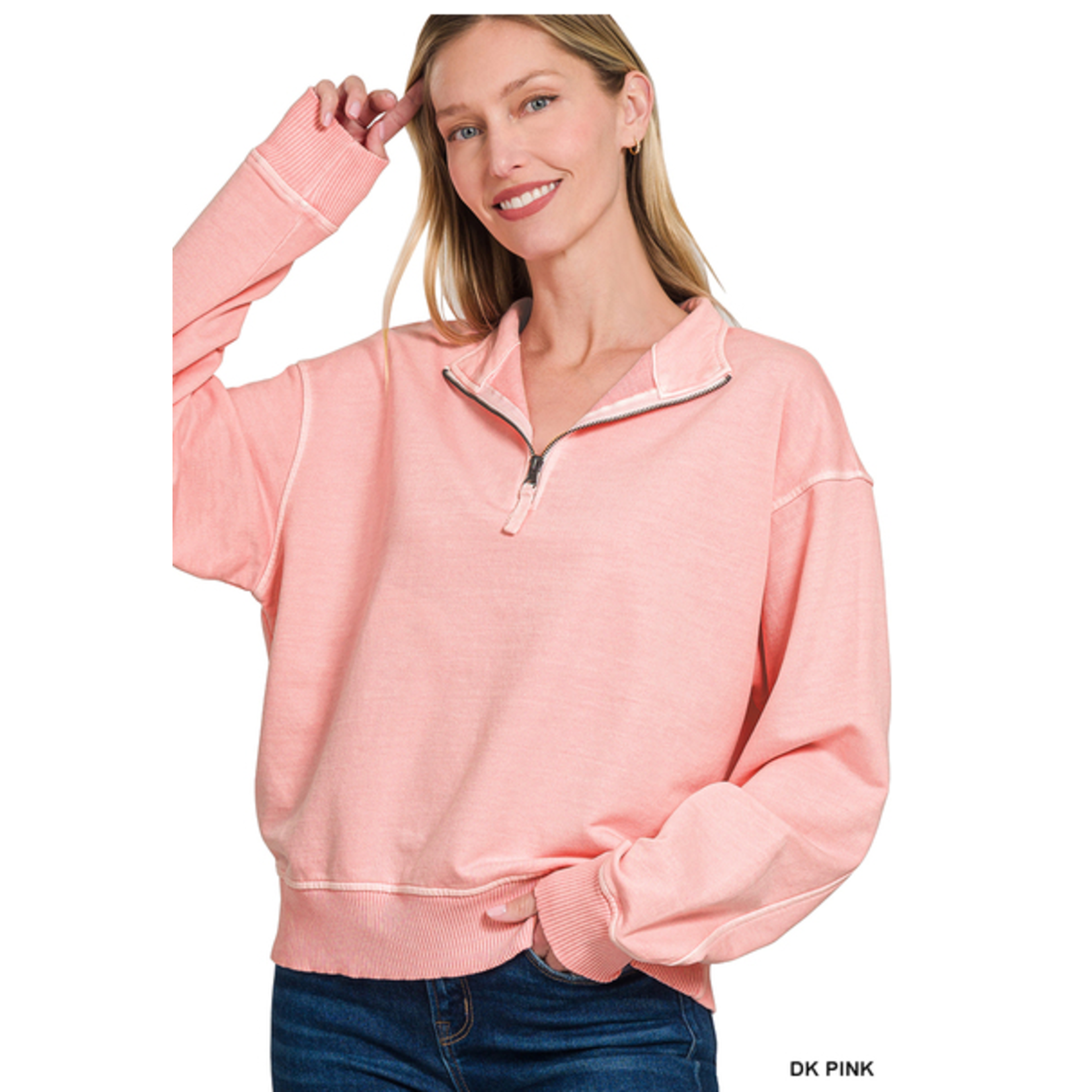 Zenana Zenana Terry Pigment Dye Enzyme Washed Half Zip Pullover Dark Pink