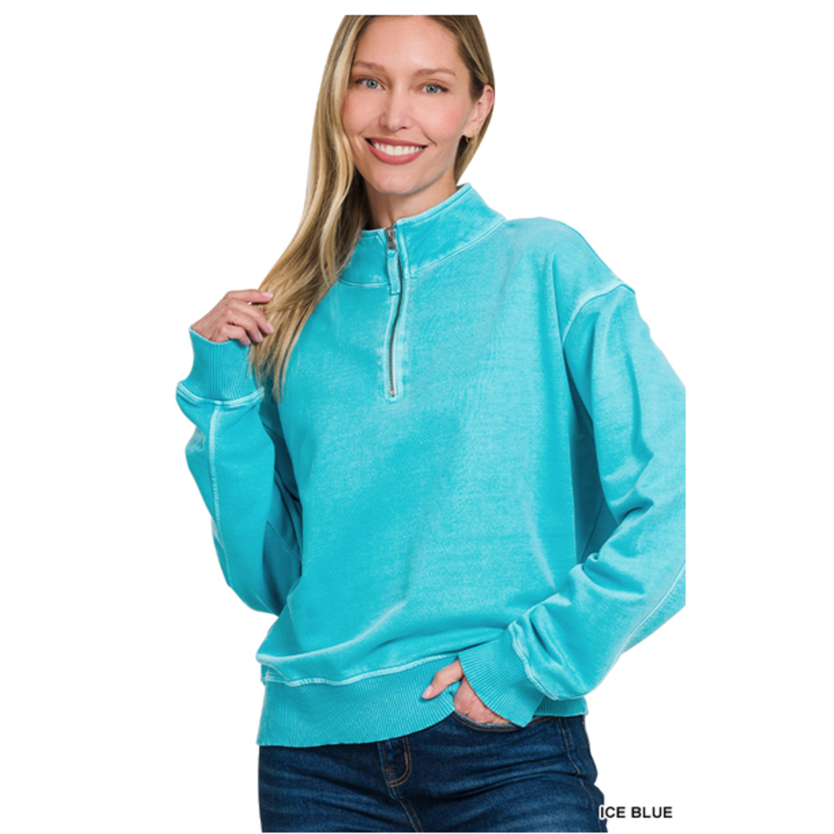Zenana Zenana Terry Pigment Dyed Enzyme Washed Half Zip Pullover Ice Blue