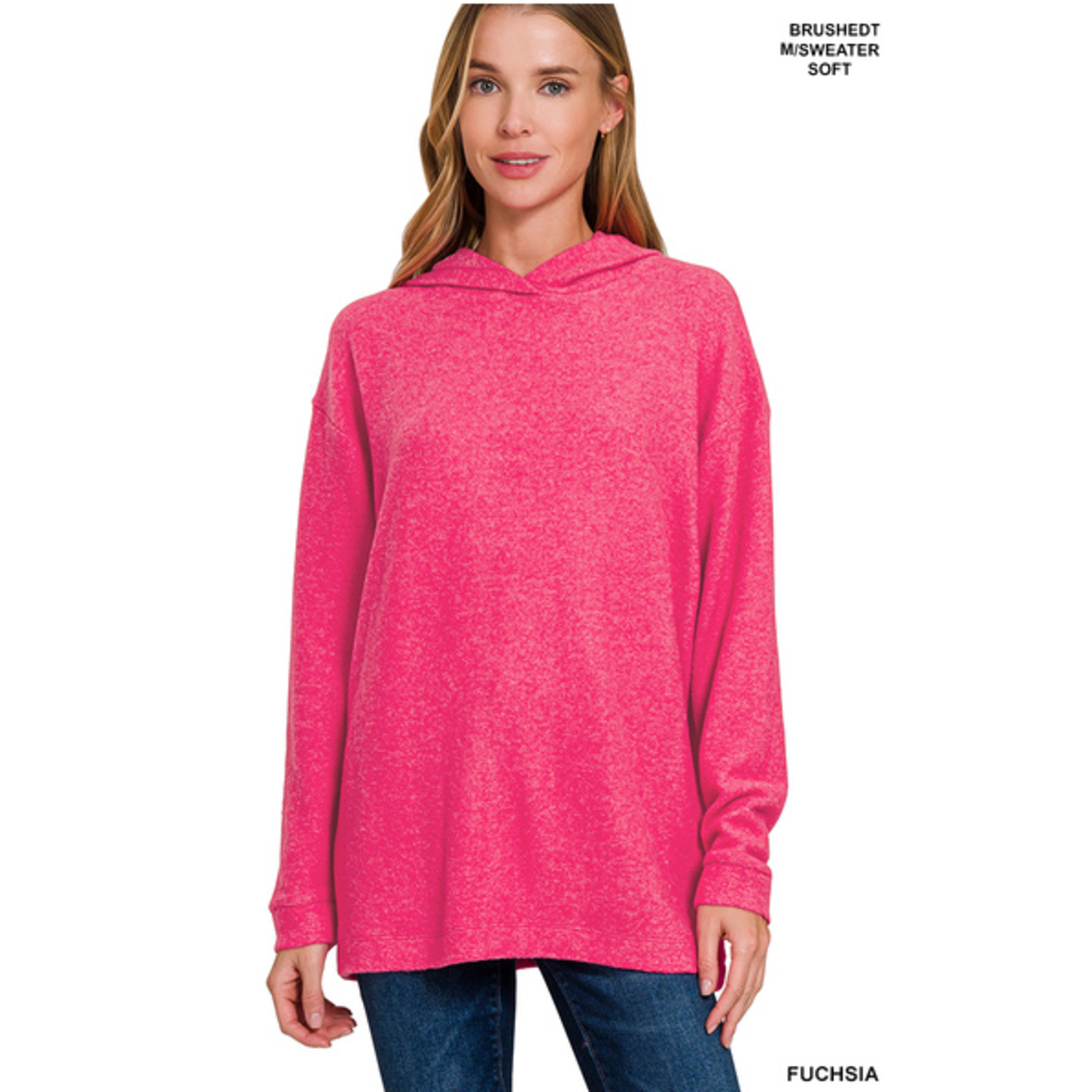 Zenana Zenana Hooded Brushed Melange Hacci Sweater Fuchsia