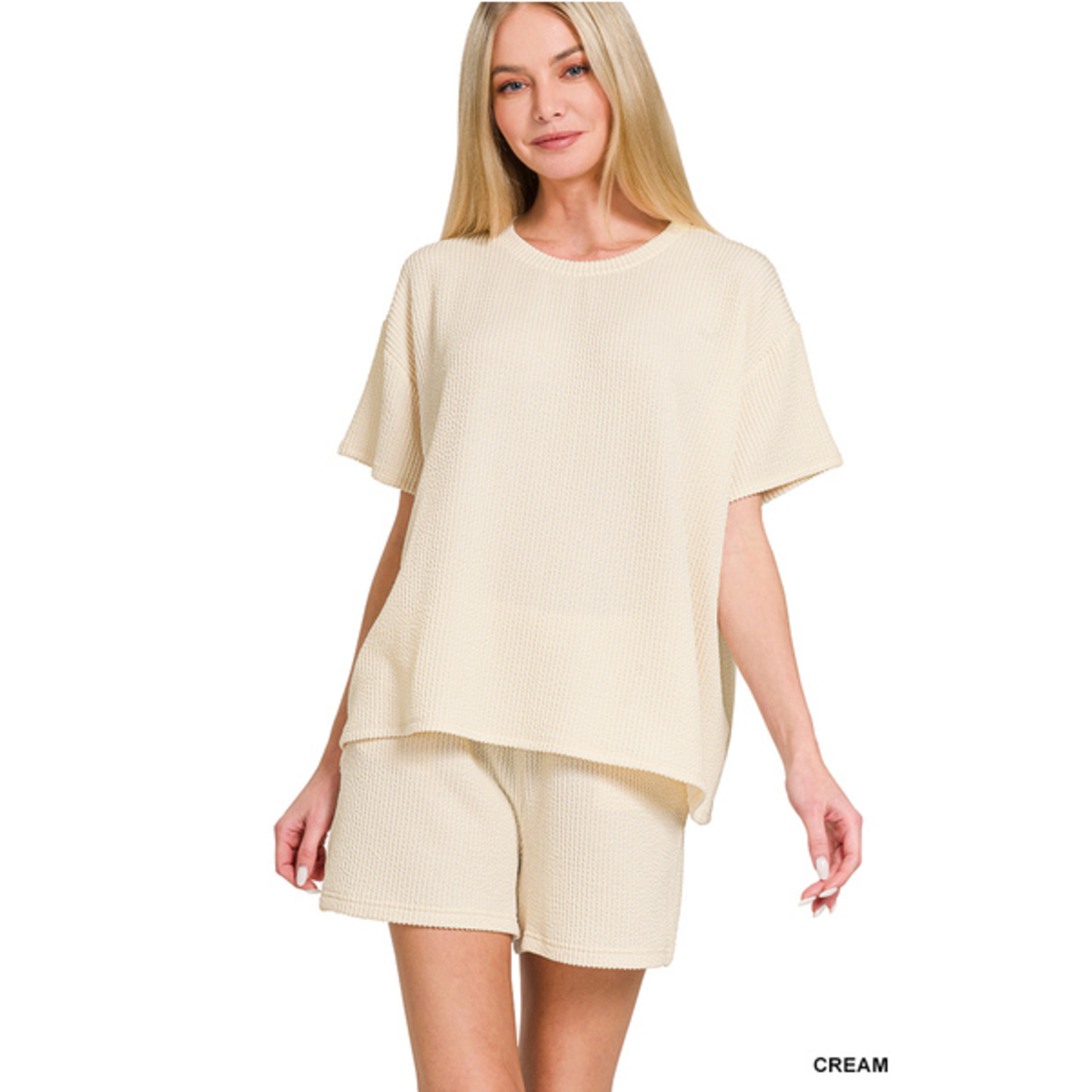 Zenana Zenana Ribbed Short Sleeve Tee & Shorts Set Cream
