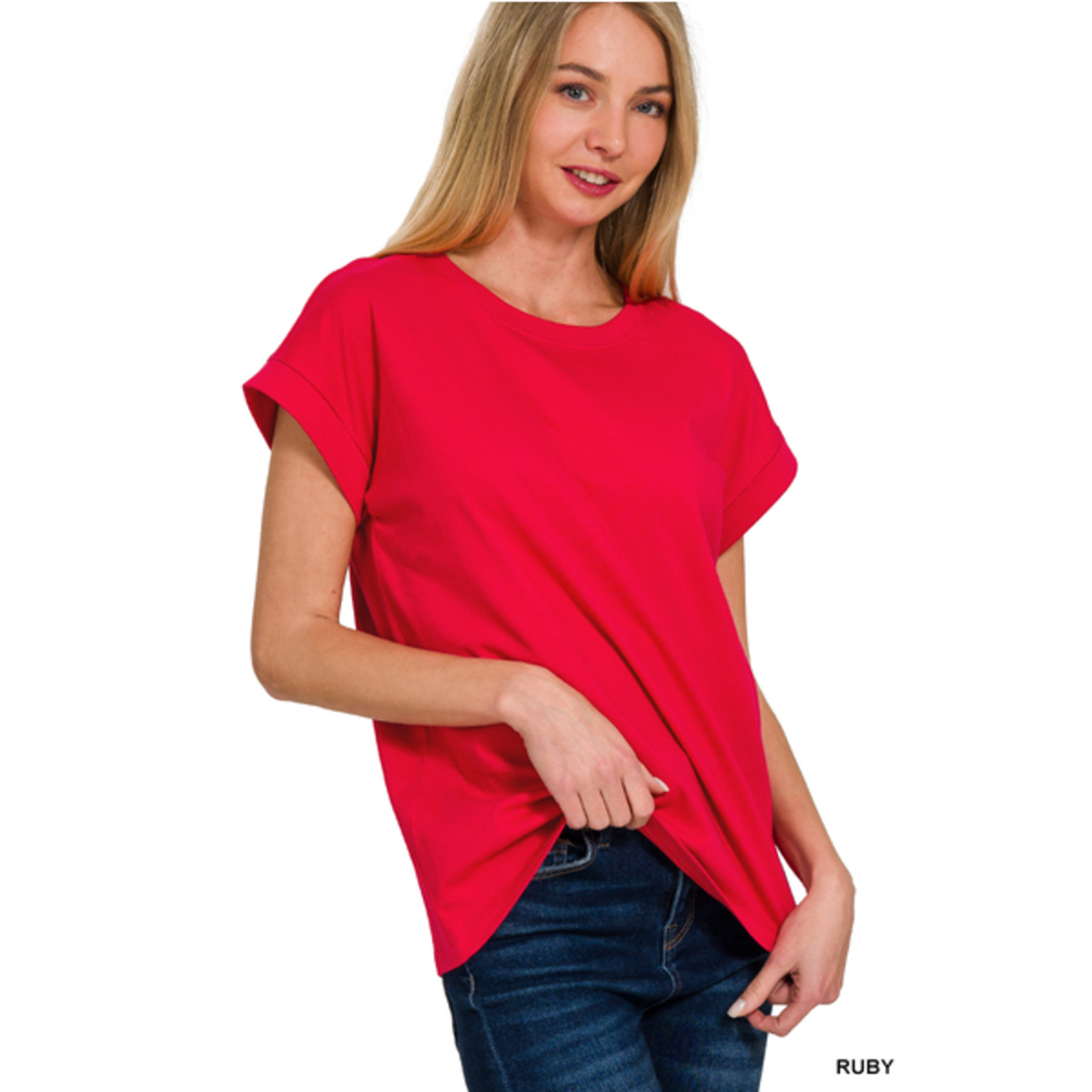Zenana Zenana Cotton Folded Sleeve T-Shirt Ruby
