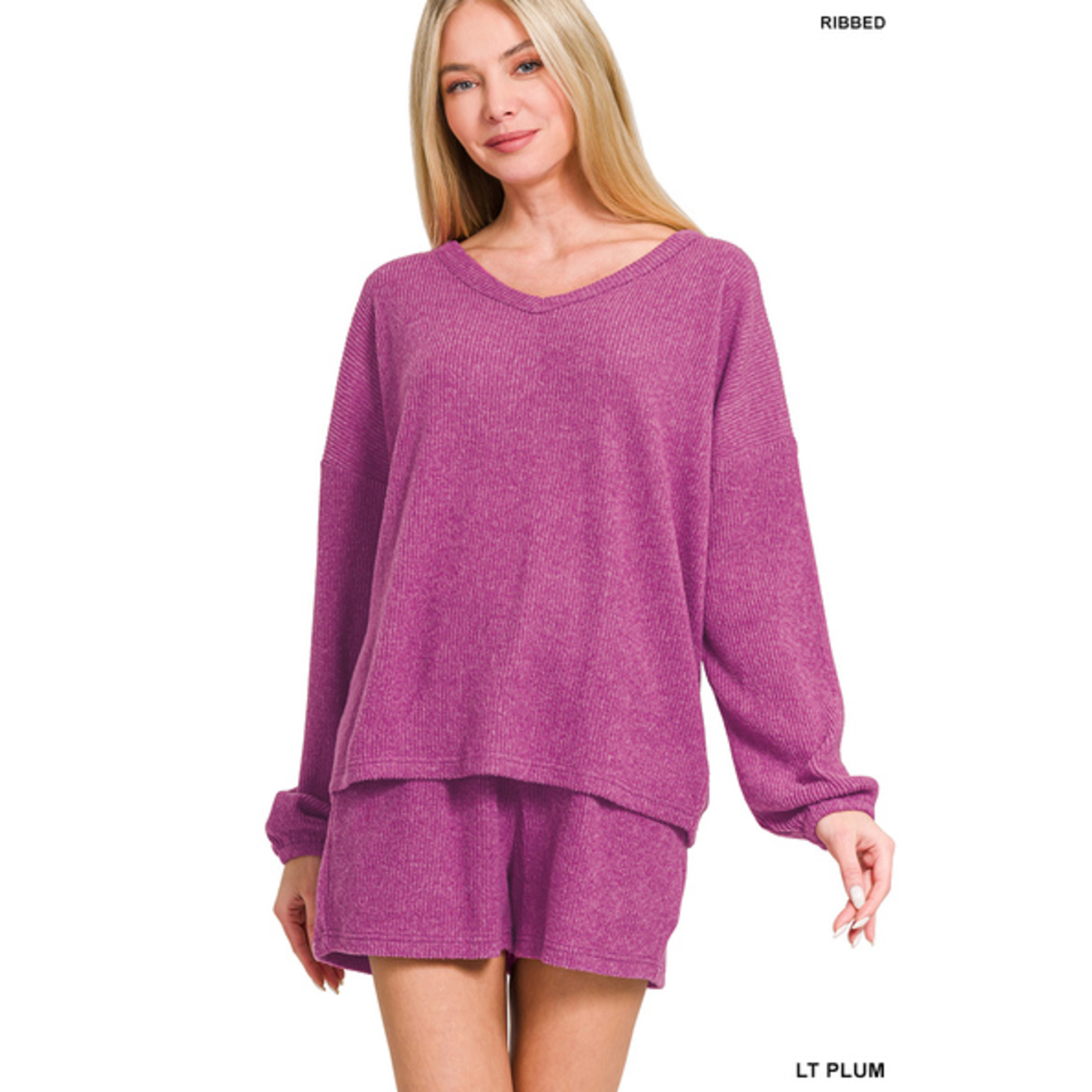 Zenana Zenana Ribbed Hacci V-Neck Long Sleeve Tee & Shorts Set Light Plum