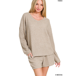 Zenana Zenana Ribbed Hacci V-Neck Long Sleeve Tee & Shorts Set Heather Mocha