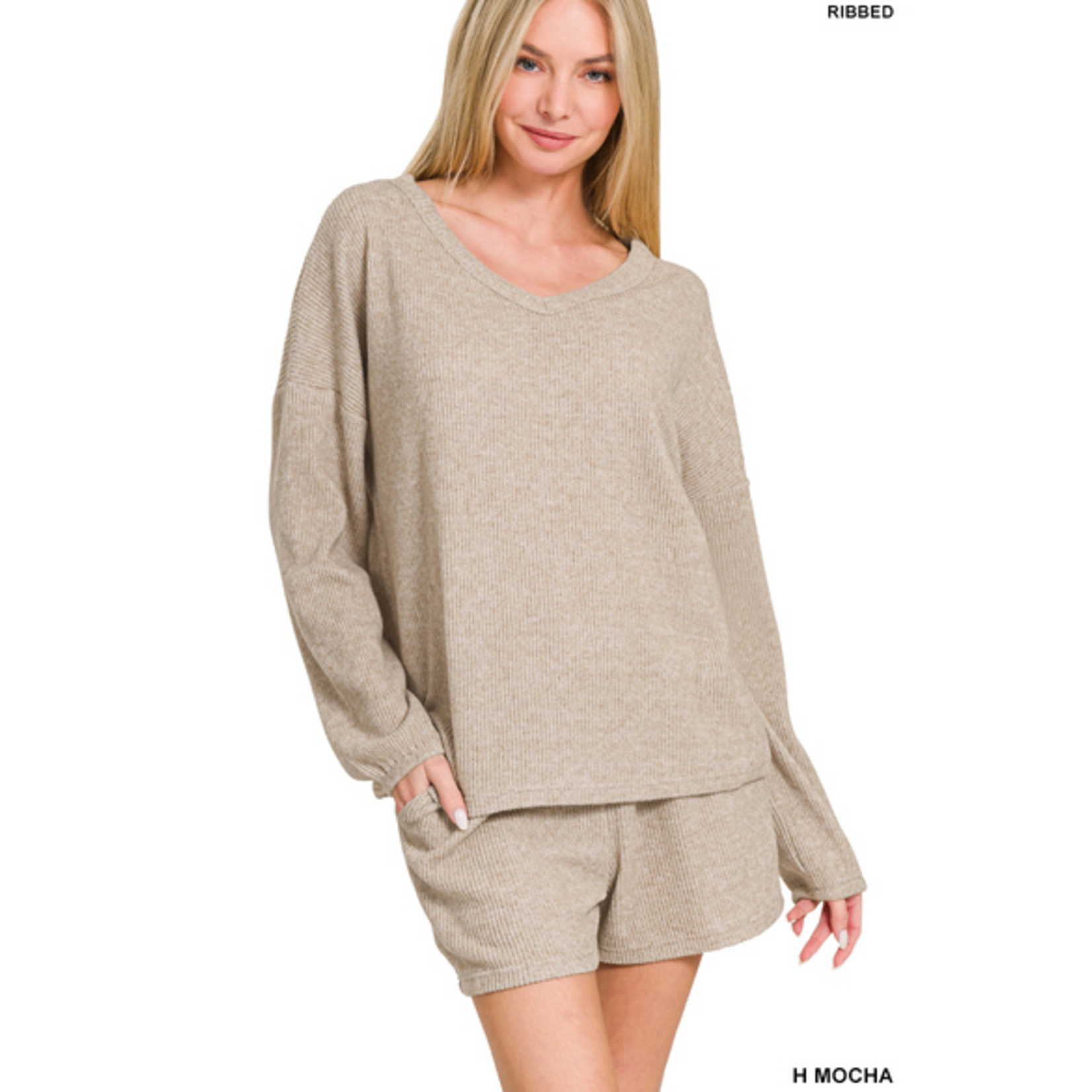 Zenana Zenana Ribbed Hacci V-Neck Long Sleeve Tee & Shorts Set Heather Mocha