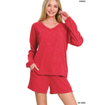 Zenana Zenana Ribbed Hacci V-Neck Long Sleeve Tee & Shorts Set Dark Red