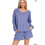 Zenana Zenana Ribbed Hacci V-Neck Long Sleeve Tee & Shorts Set Marlin