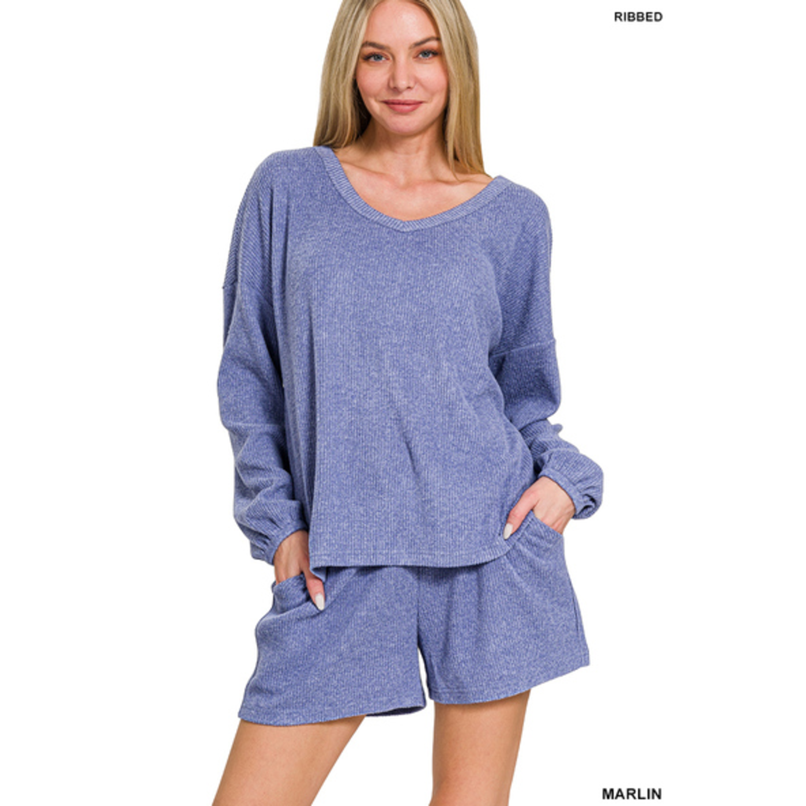 Zenana Zenana Ribbed Hacci V-Neck Long Sleeve Tee & Shorts Set Marlin