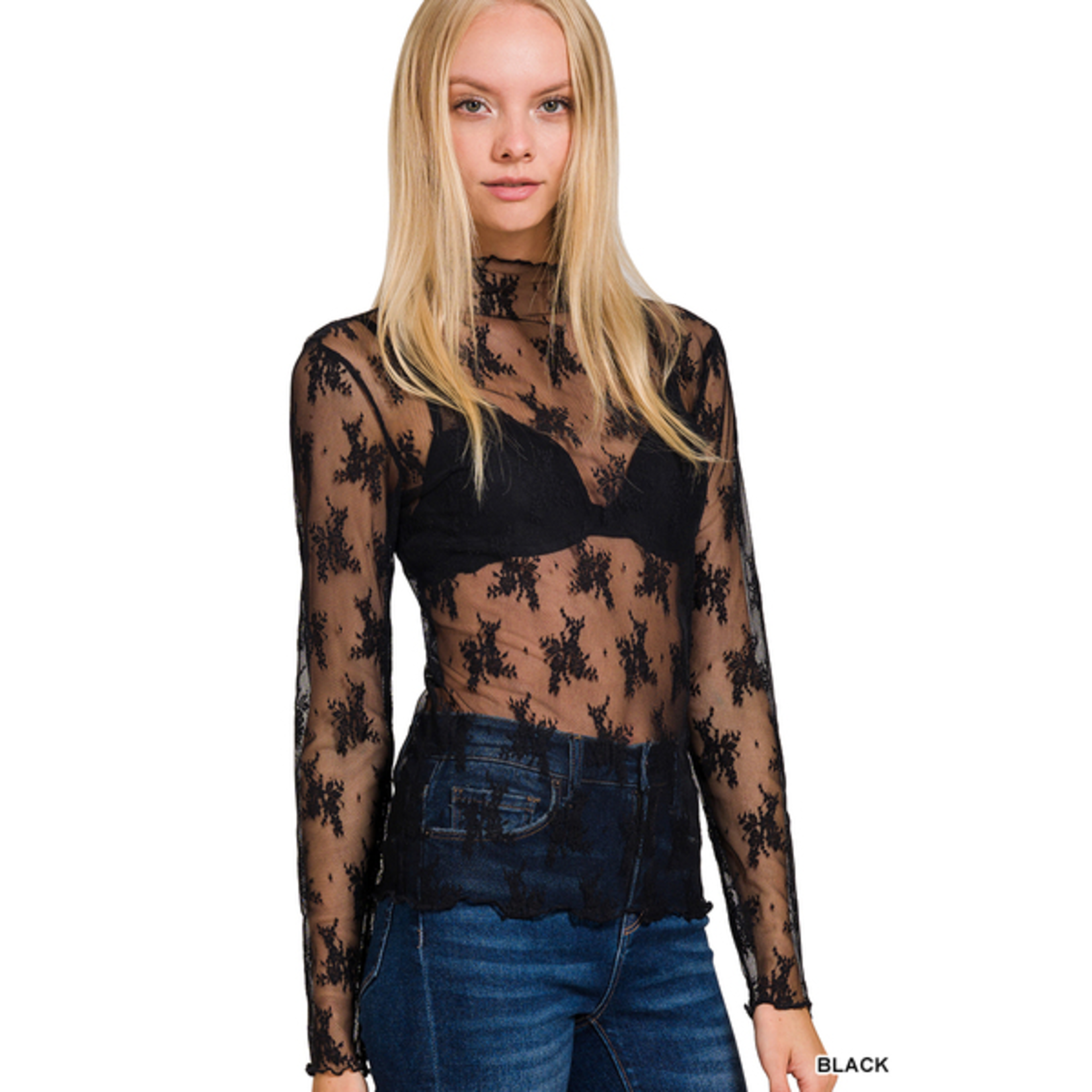 Zenana Zenana Lace See-Through Long Sleeve Layering Top Black
