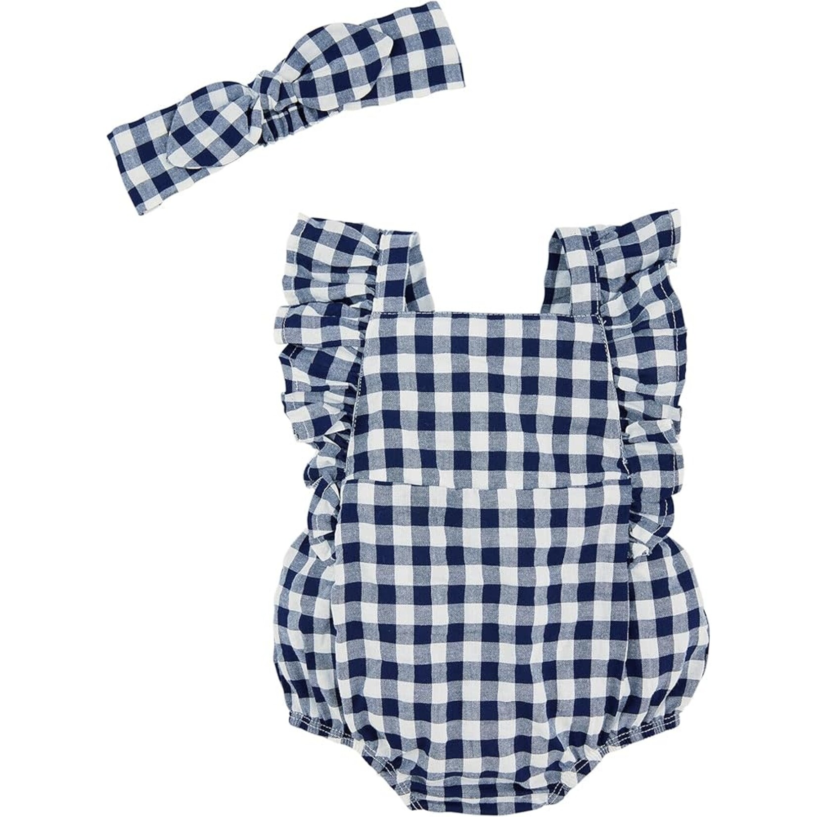Mudpie Mudpie Gingham Bubble & Headband Set Navy 6-9M