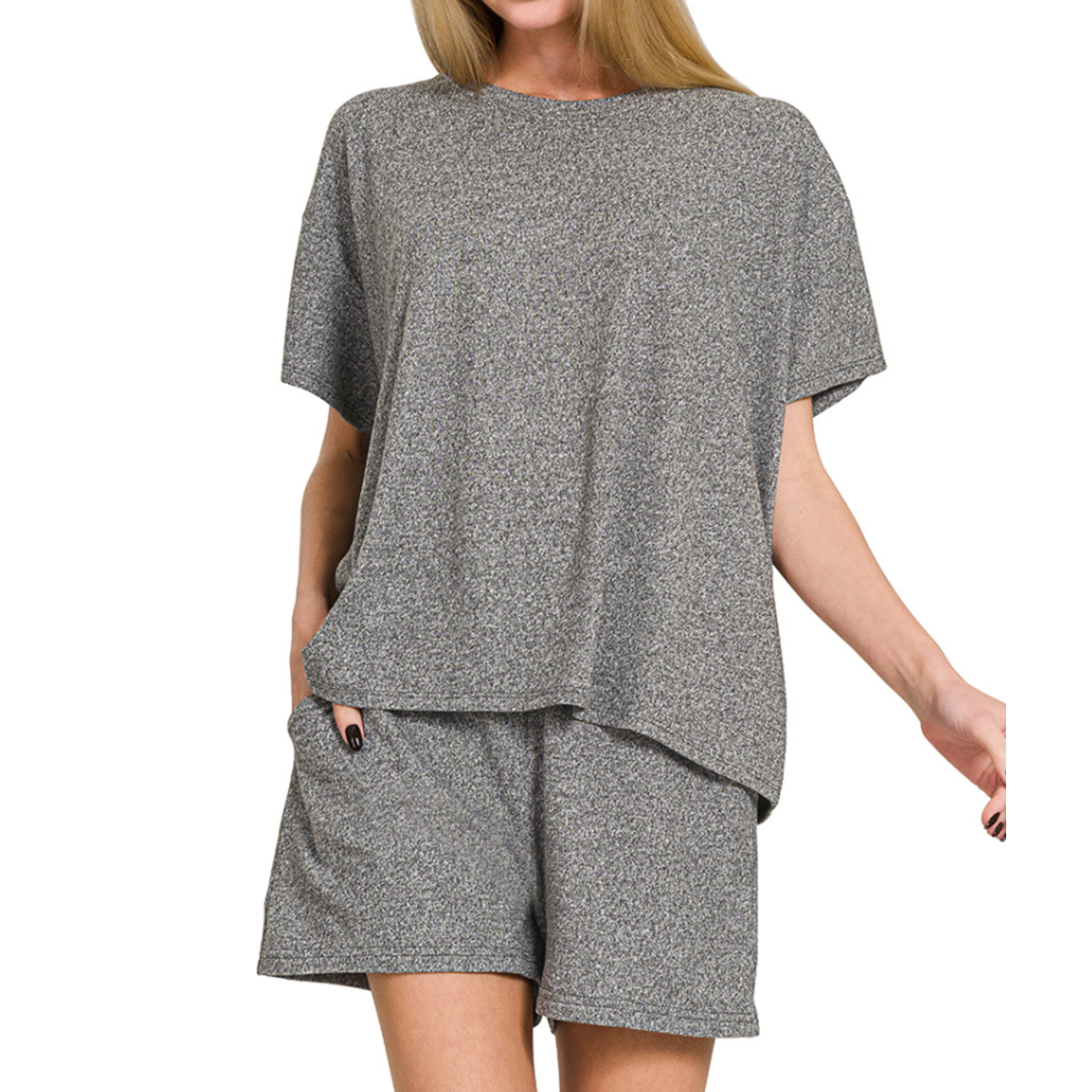 Zenana Zenana Soft Melange Short Sleeve Tee & Shorts Set Black Heather