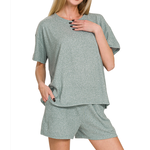 Zenana Zenana Soft Melange Short Sleeve Tee & Shorts Set Ash Jade
