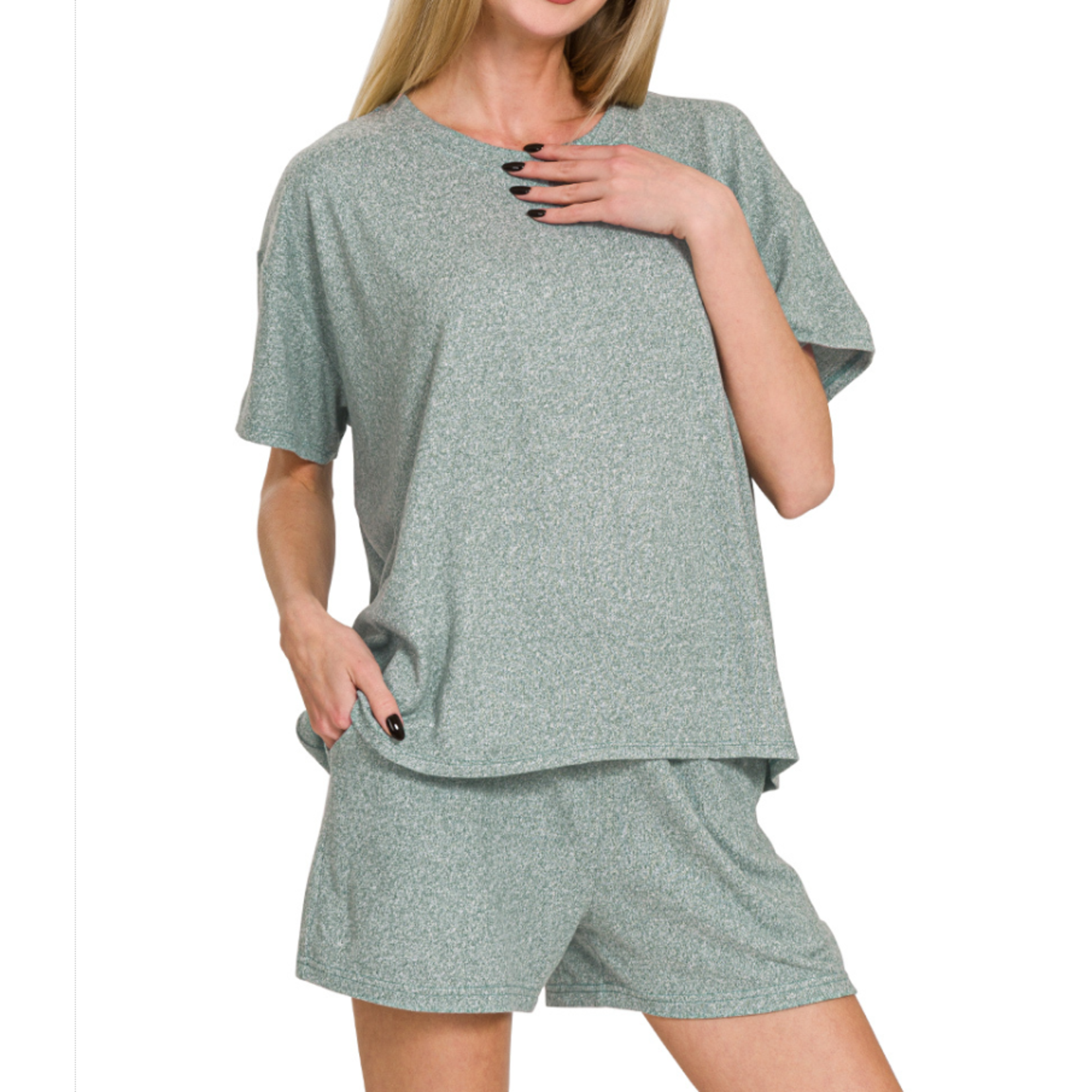 Zenana Zenana Soft Melange Short Sleeve Tee & Shorts Set Ash Jade