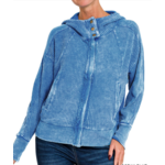 Zenana Zenana Acid Wash Cotton Waffle Hooded Zip Up Jacket Ocean Blue