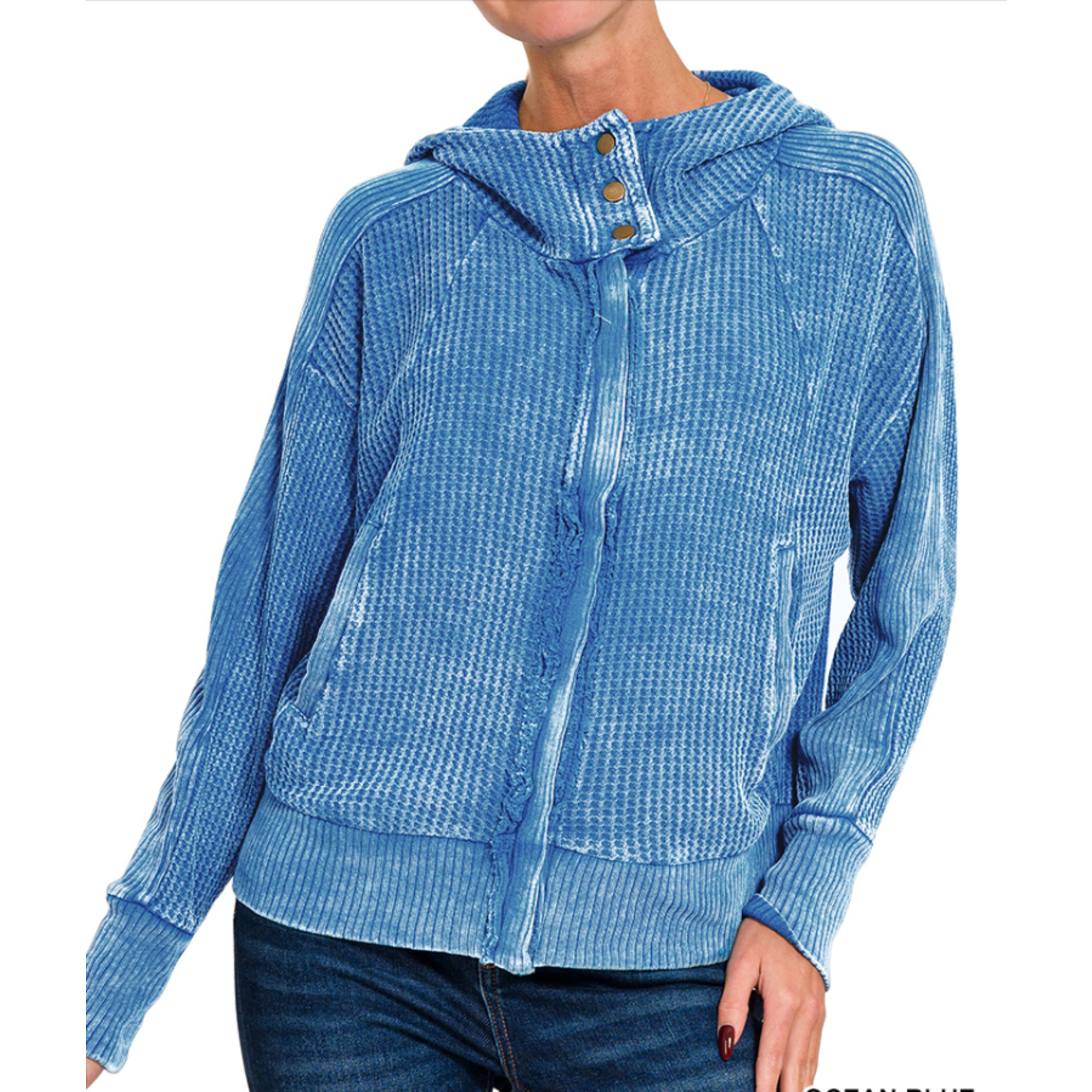 Zenana Zenana Acid Wash Cotton Waffle Hooded Zip Up Jacket Ocean Blue
