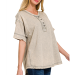 Zenana Zenana Raw Edge Detailed Button Closure Scoop Neck Top Sleet