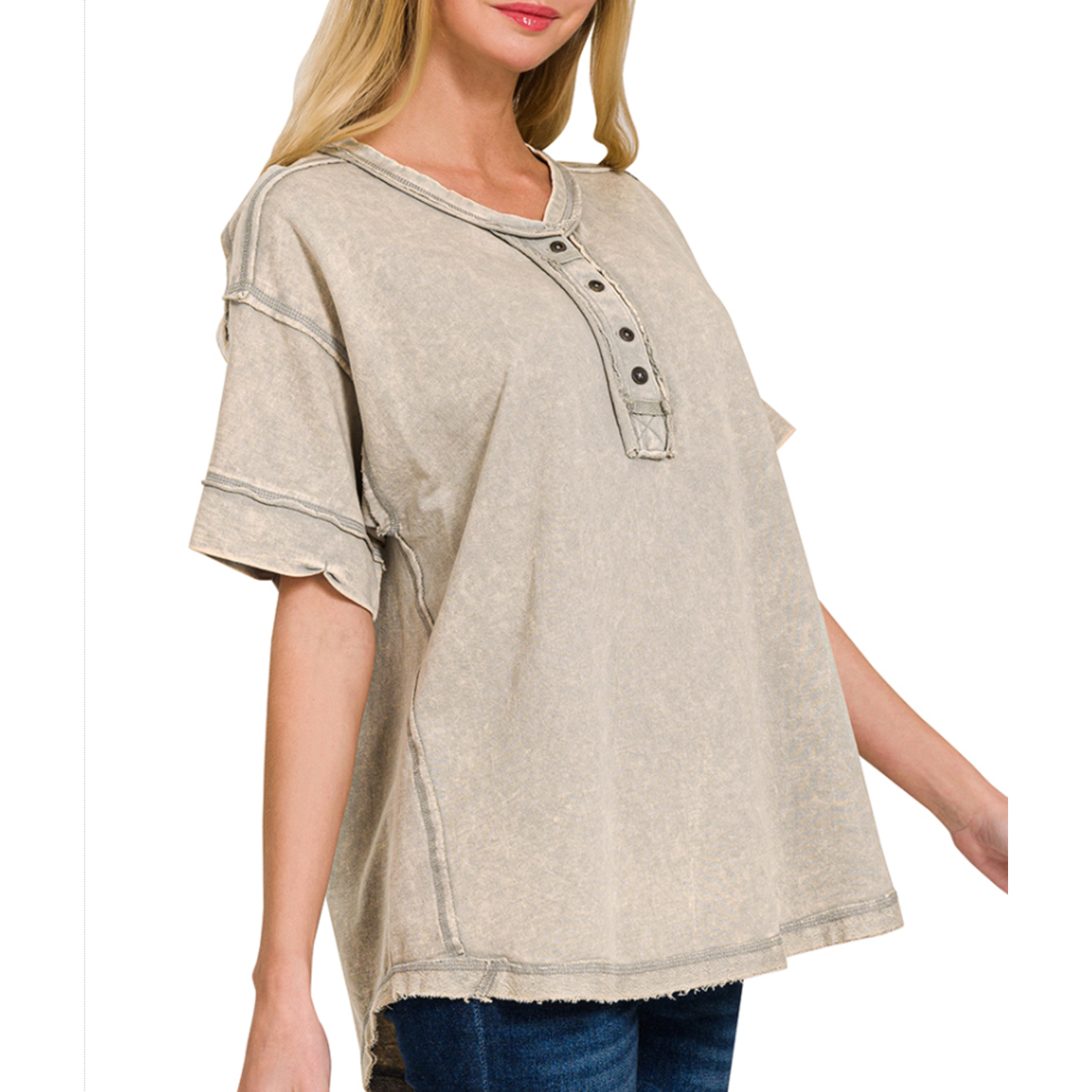 Zenana Zenana Raw Edge Detailed Button Closure Scoop Neck Top Sleet