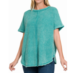 Zenana Zenana Baby Waffle Acid Wash Short Sleeve Top Light Teal