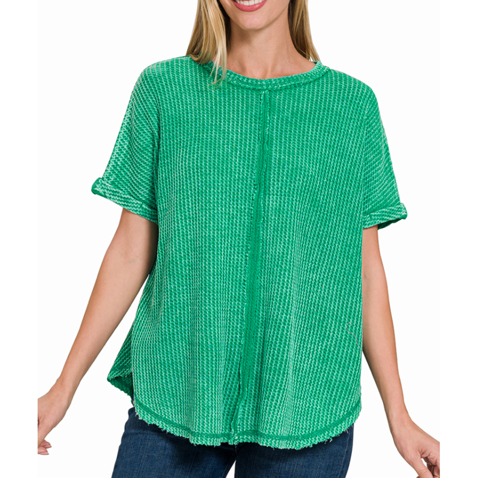Zenana Zenana Baby Waffle Acid Wash Short Sleeve Top Kelly Green