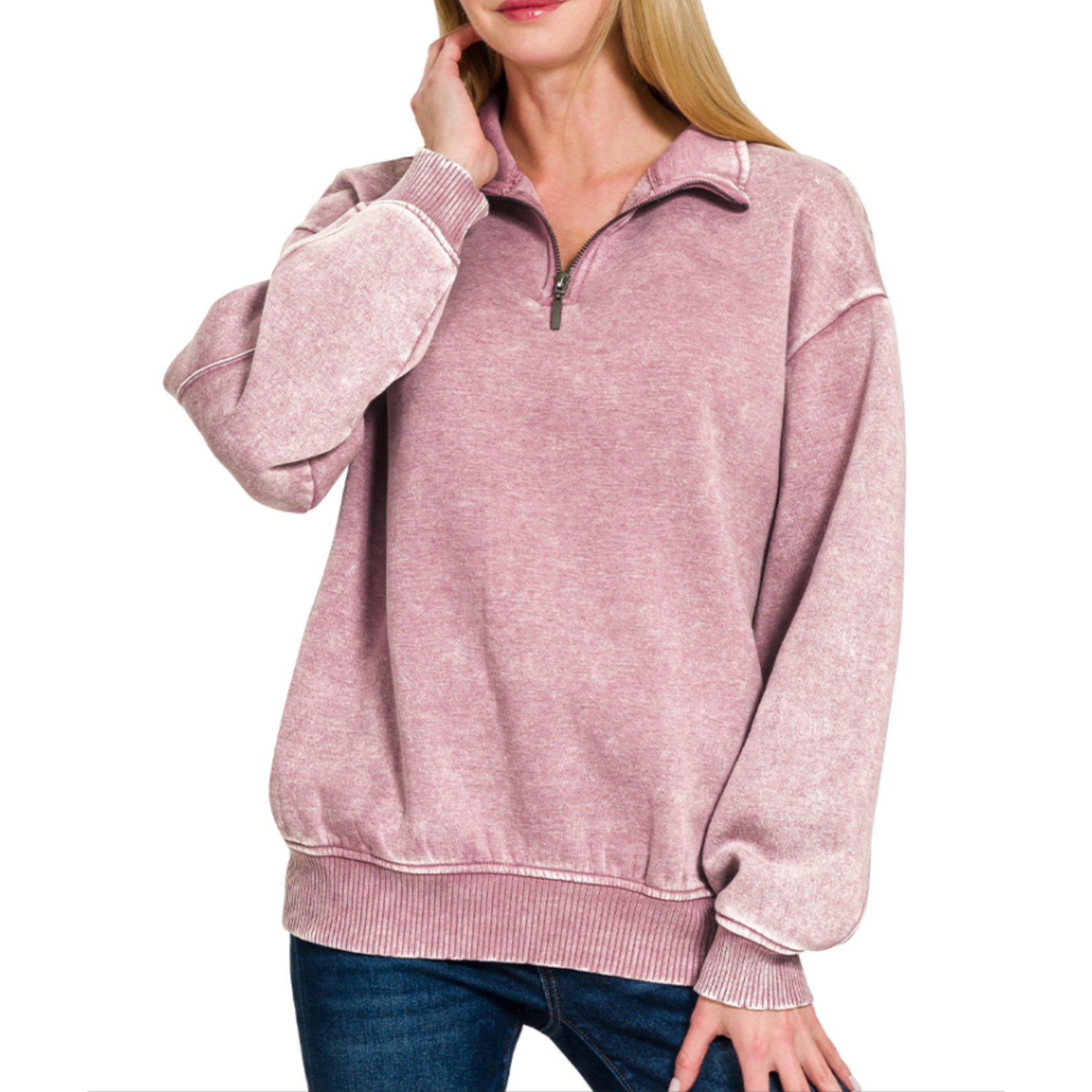 Zenana Zenana Acid Wash Fleece Half Zip Pullover Light Rose