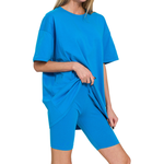 Zenana Zenana Cotton Round Neck Top & Biker Shorts Ocean Blue