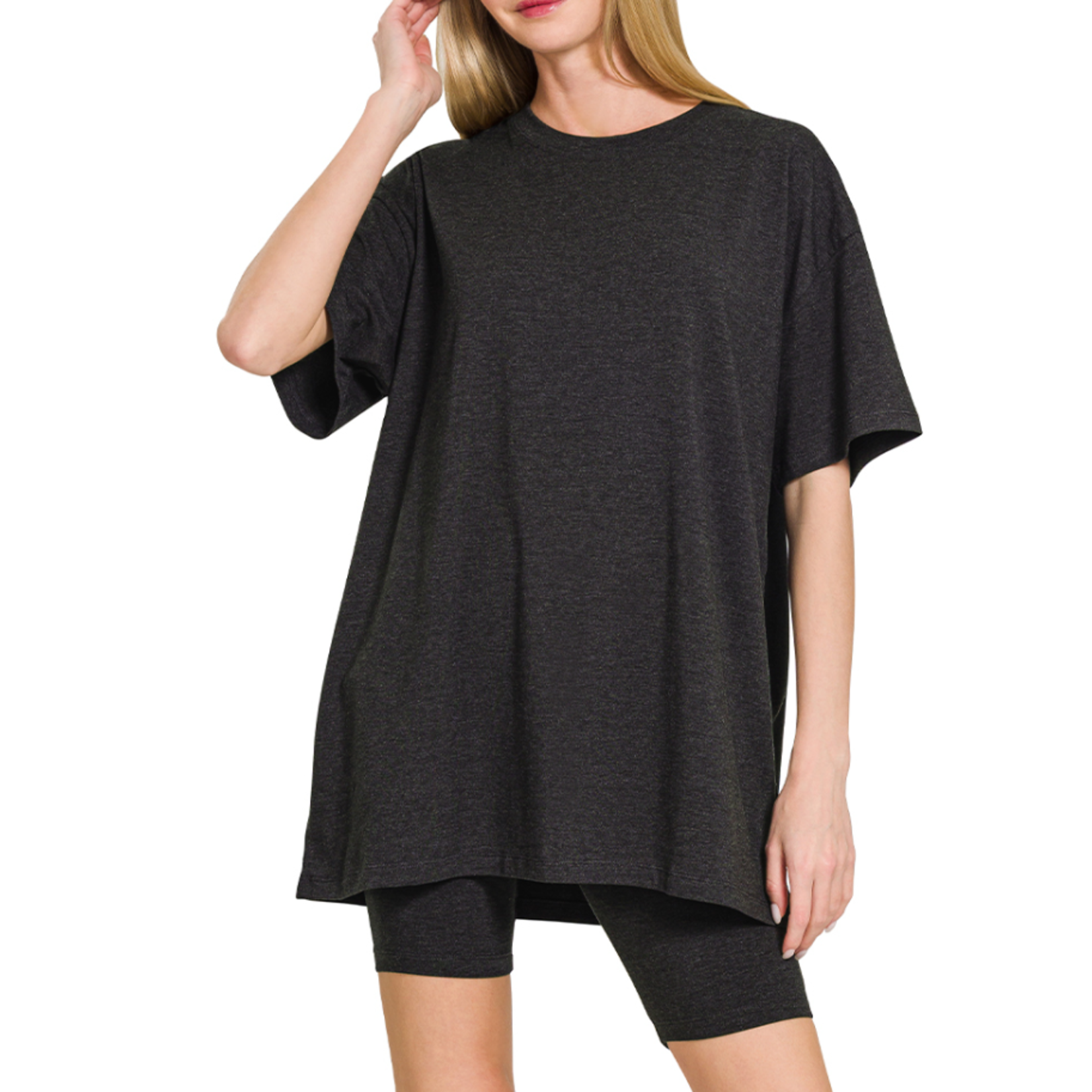 Zenana Zenana Cotton Round Neck Top & Biker Shorts Black