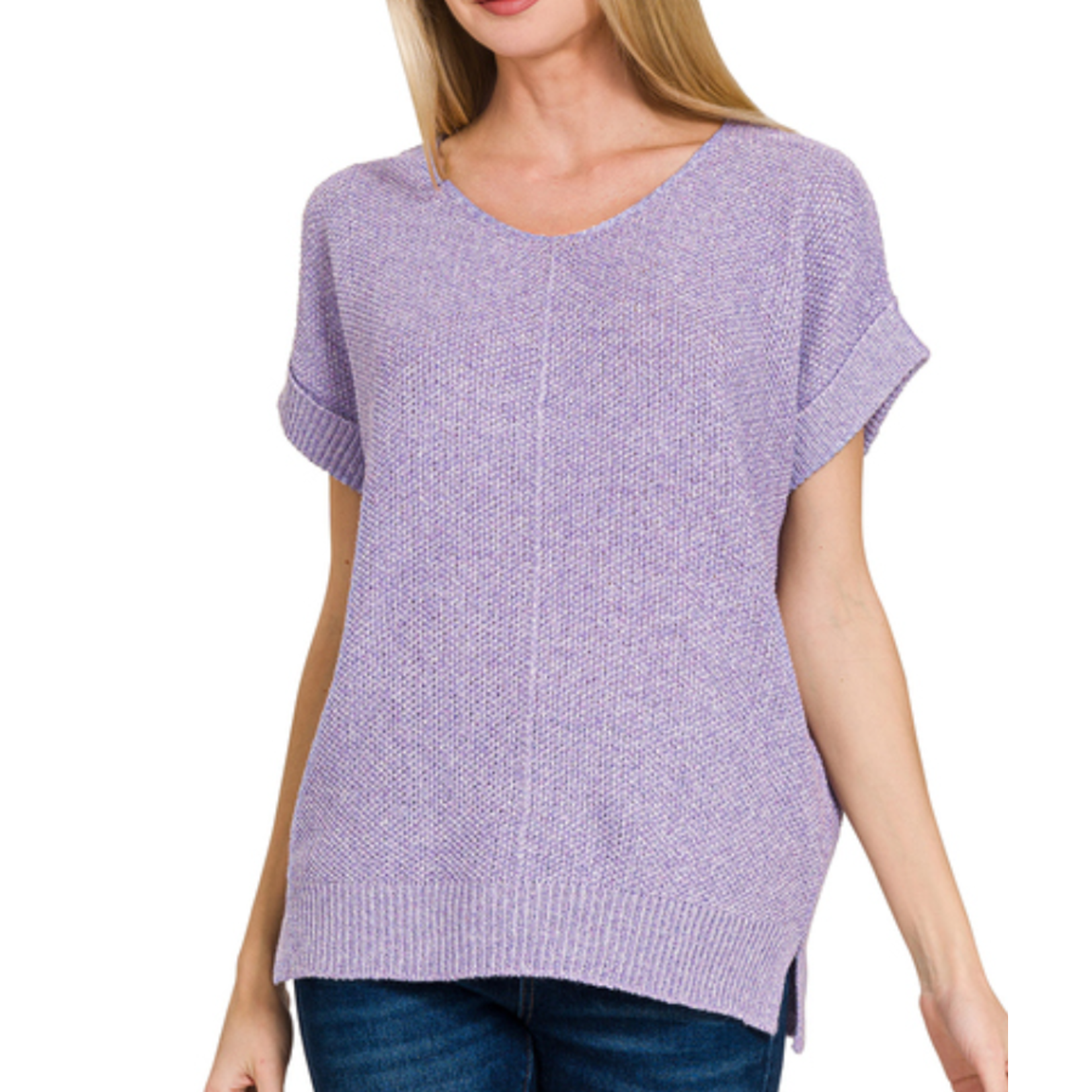 Zenana Zenana Center Seam Short Sleeve Sweater Lavender
