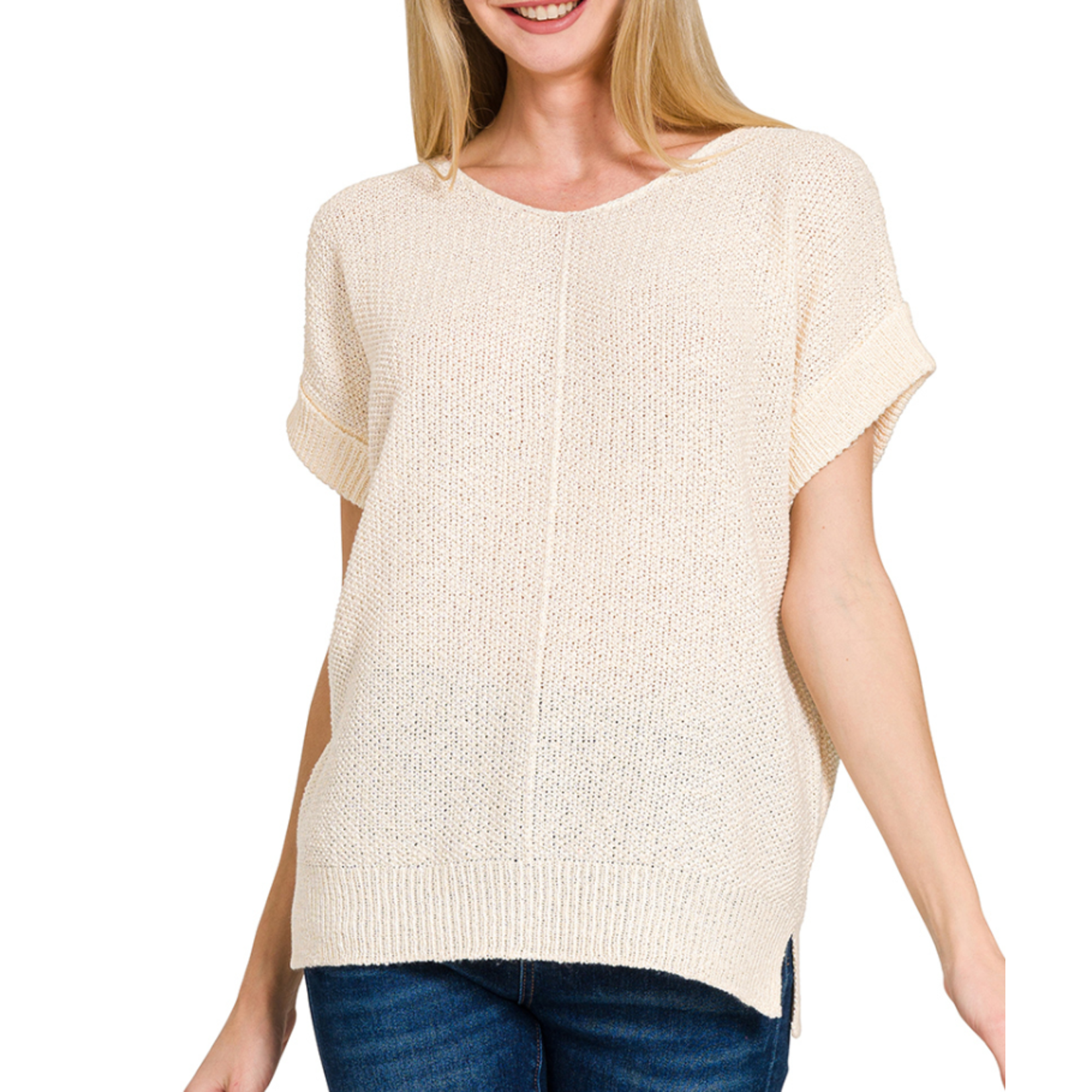 Zenana Zenana Center Seam Short Sleeve Sweater Cream