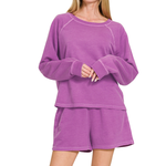 Zenana Zenana French Terry Pigment Dye Pullover & Short Set Light Plum