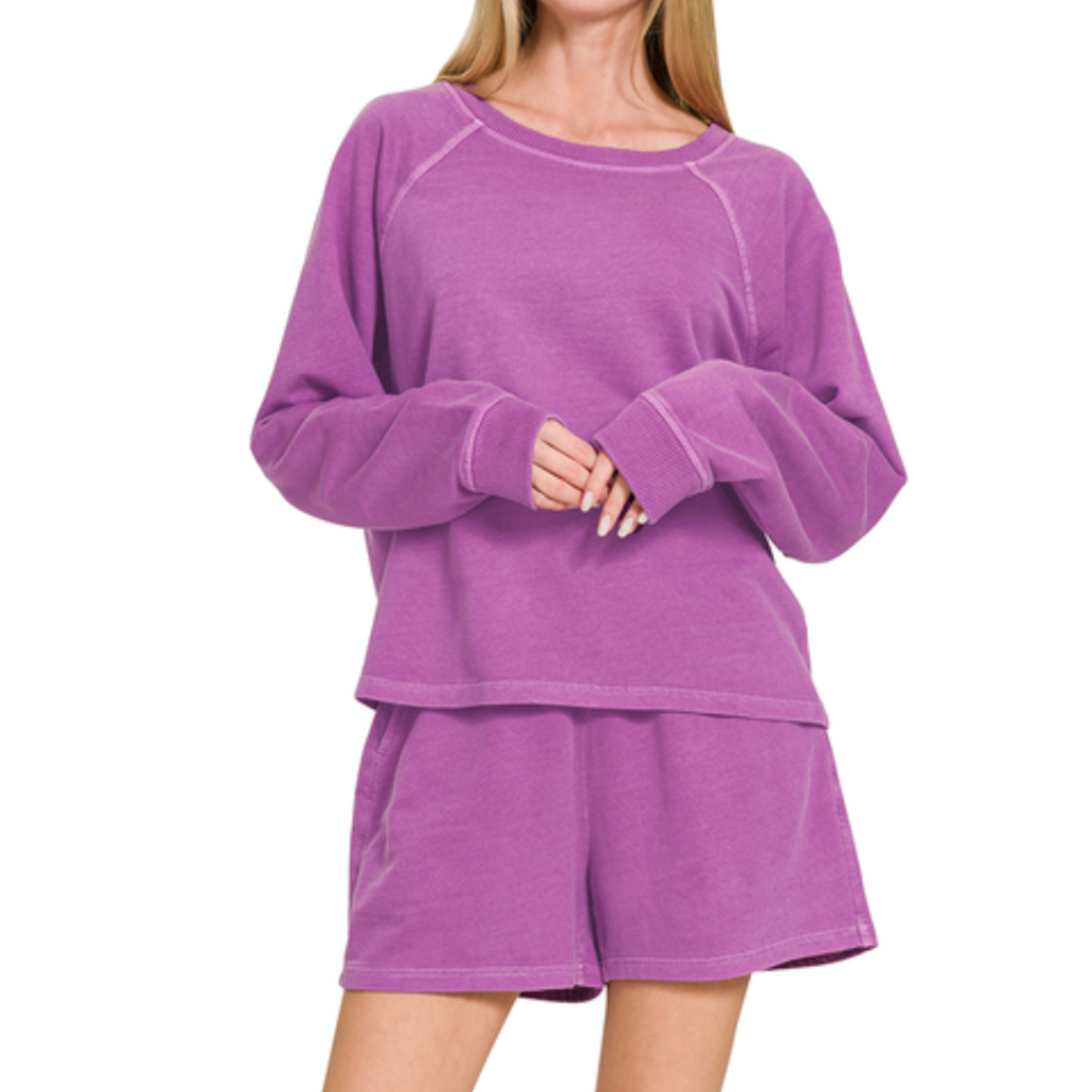 Zenana Zenana French Terry Pigment Dye Pullover & Short Set Light Plum