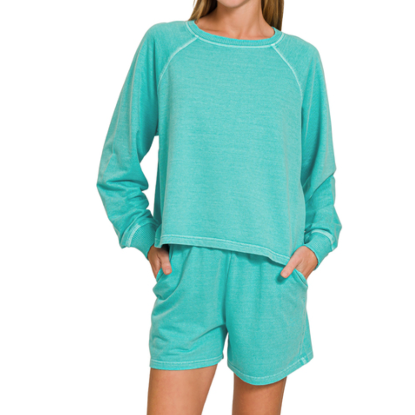 Zenana Zenana French Terry Pigment Dye Pullover & Short Set Turquoise