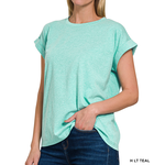 Zenana Zenana Cotton Folded Sleeve Heather Light Teal