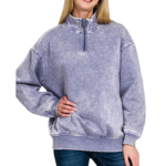 Zenana Zenana Acid Wash Fleece Half Zip Pullover Marlin