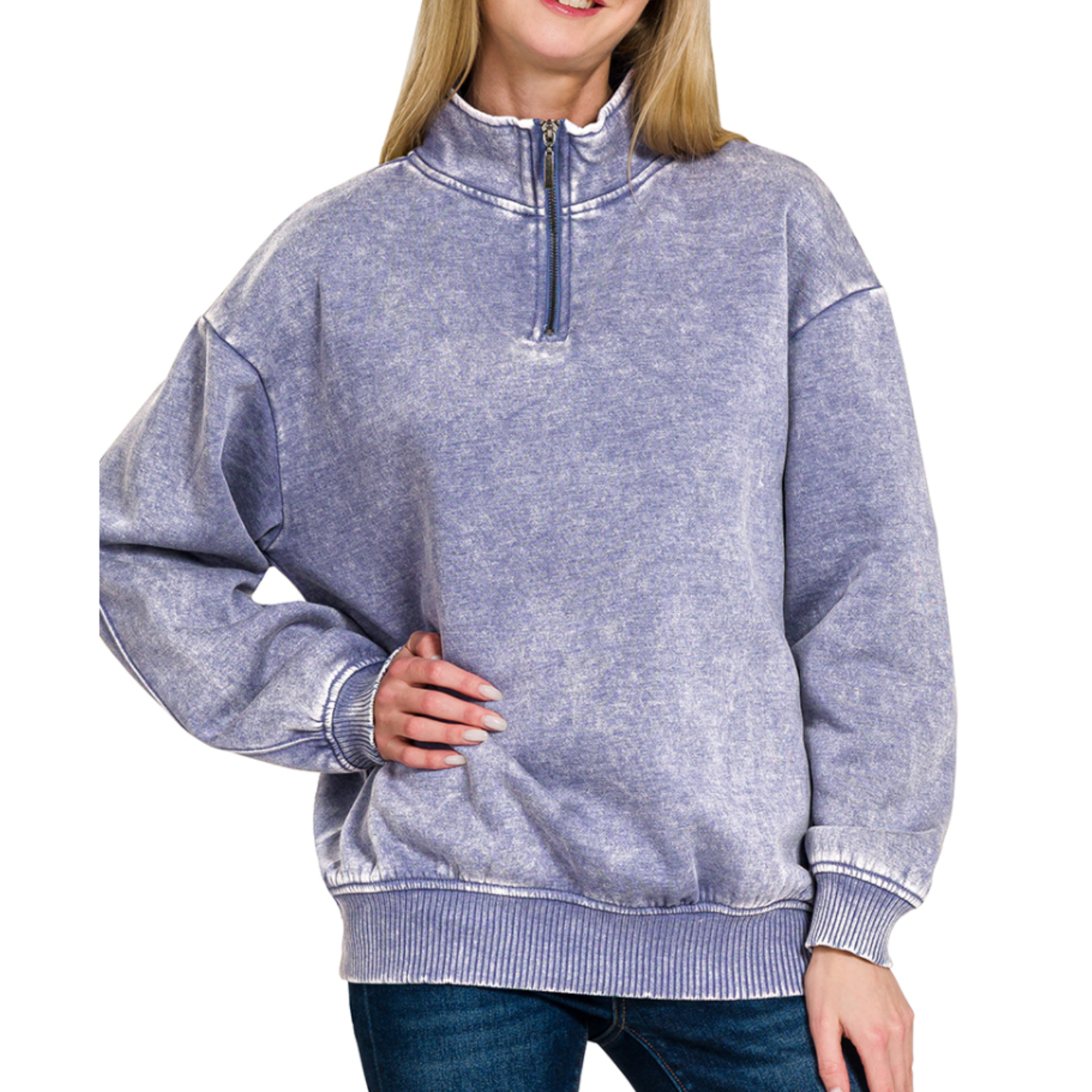 Zenana Zenana Acid Wash Fleece Half Zip Pullover Marlin