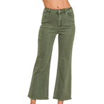 Zenana Zenana Acid Washed HW Frayed Hem Bootcut Dark Olive 1847A