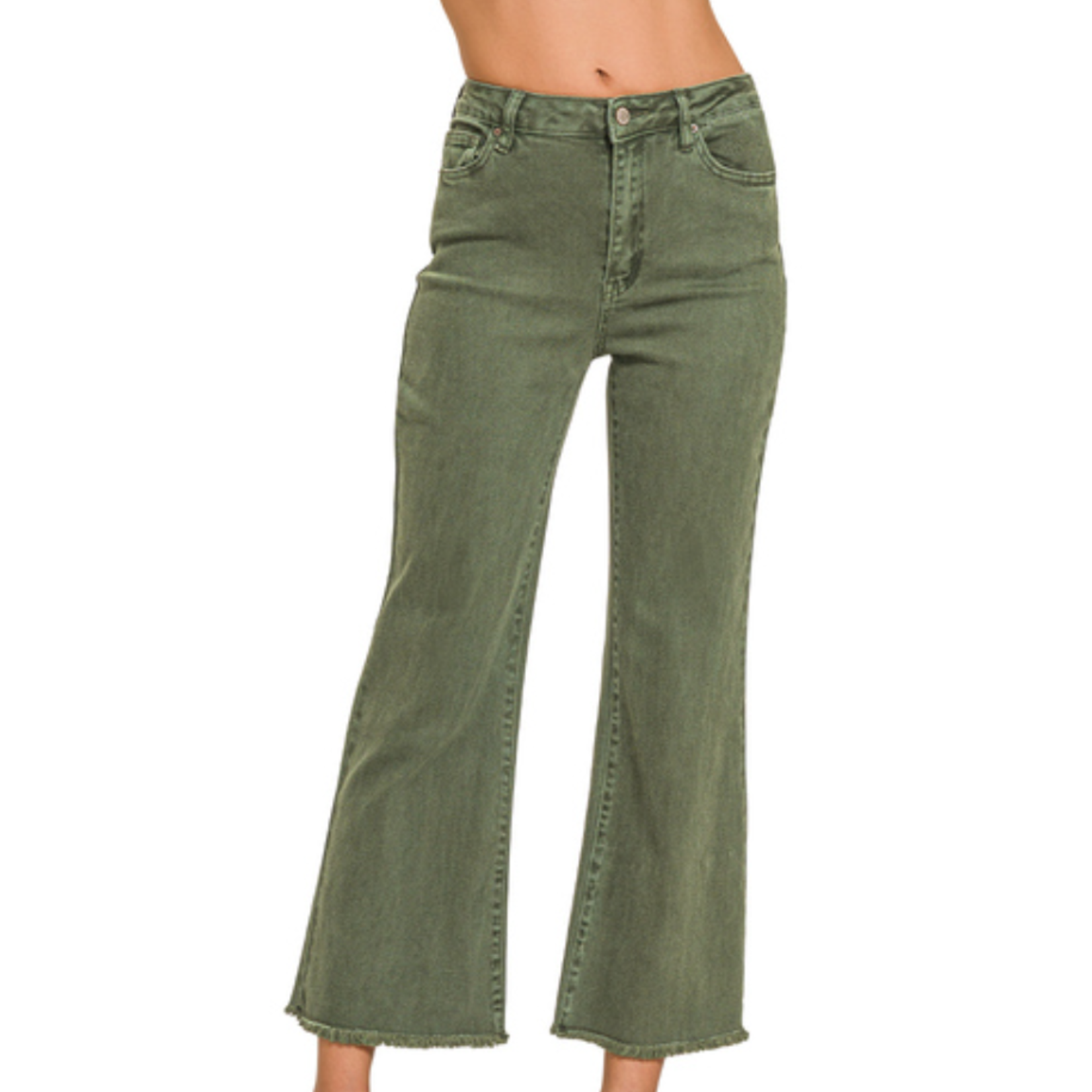 Zenana Zenana Acid Washed HW Frayed Hem Bootcut Dark Olive 1847A