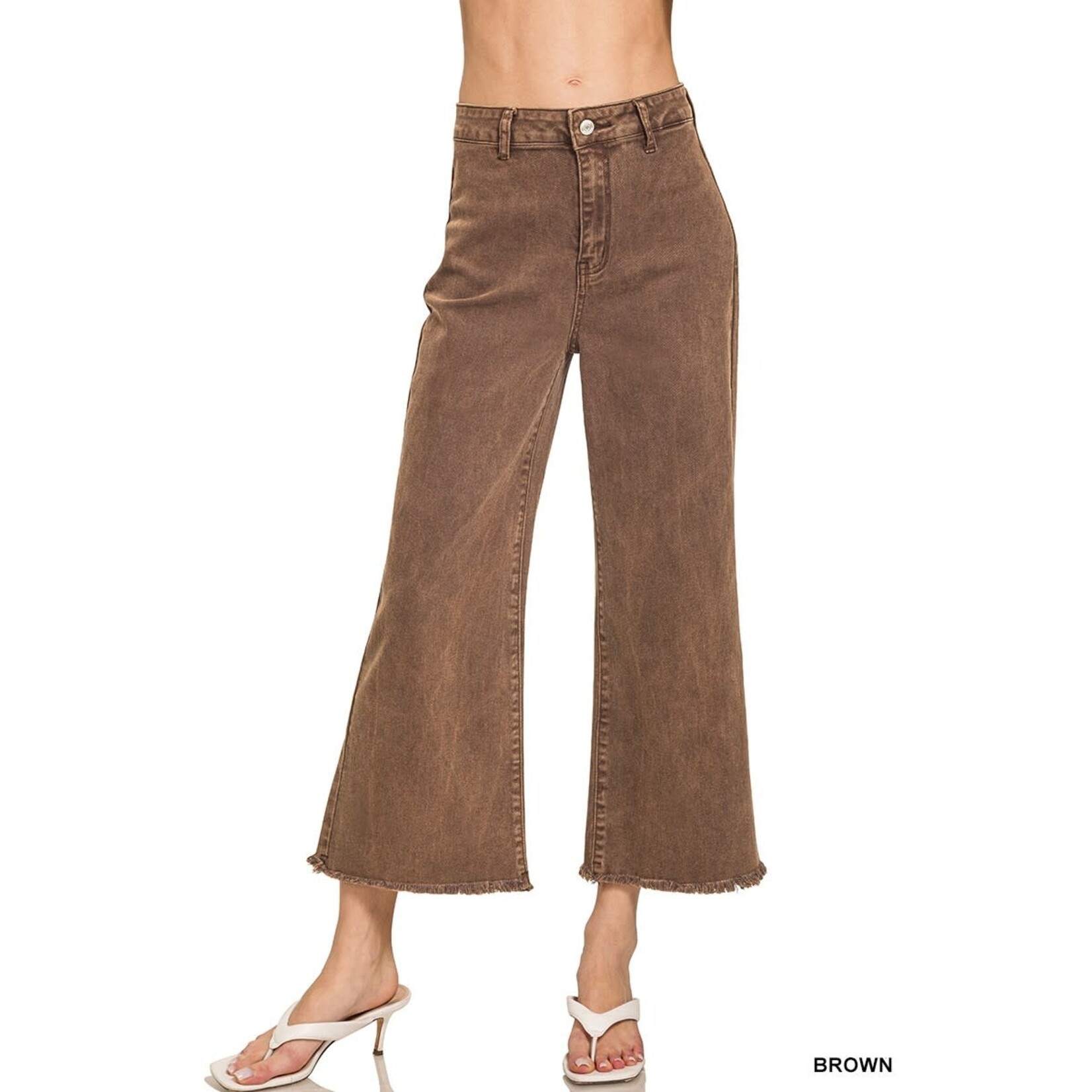 Zenana Zenana Acid Wash HW Fray Hem Straight Pants Brown 1854Y