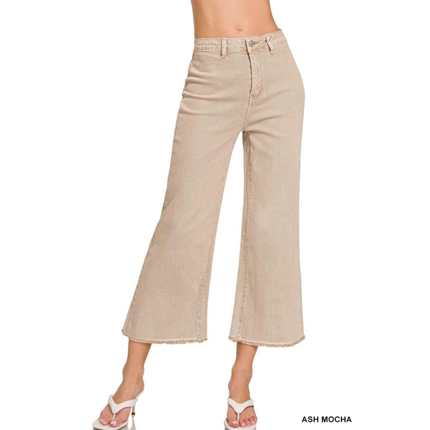 Zenana Zenana Acid Wash HW Fray Hem Straight Pants Ash Mocha 1854Y