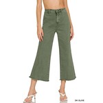 Zenana Zenana Acid Wash HW Fray Hem Straight Pants Dark Olive 1854Y