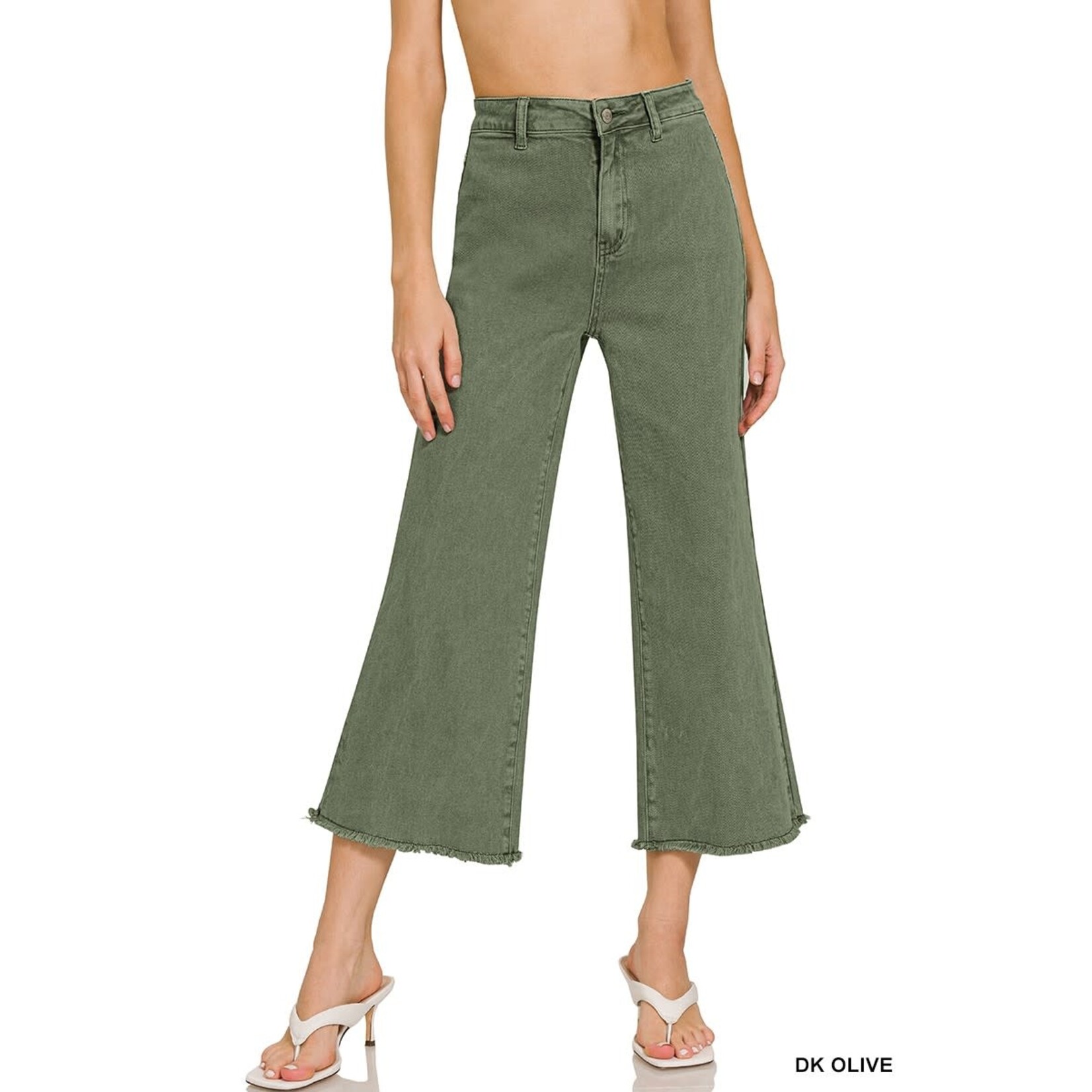 Zenana Zenana Acid Wash HW Fray Hem Straight Pants Dark Olive 1854Y