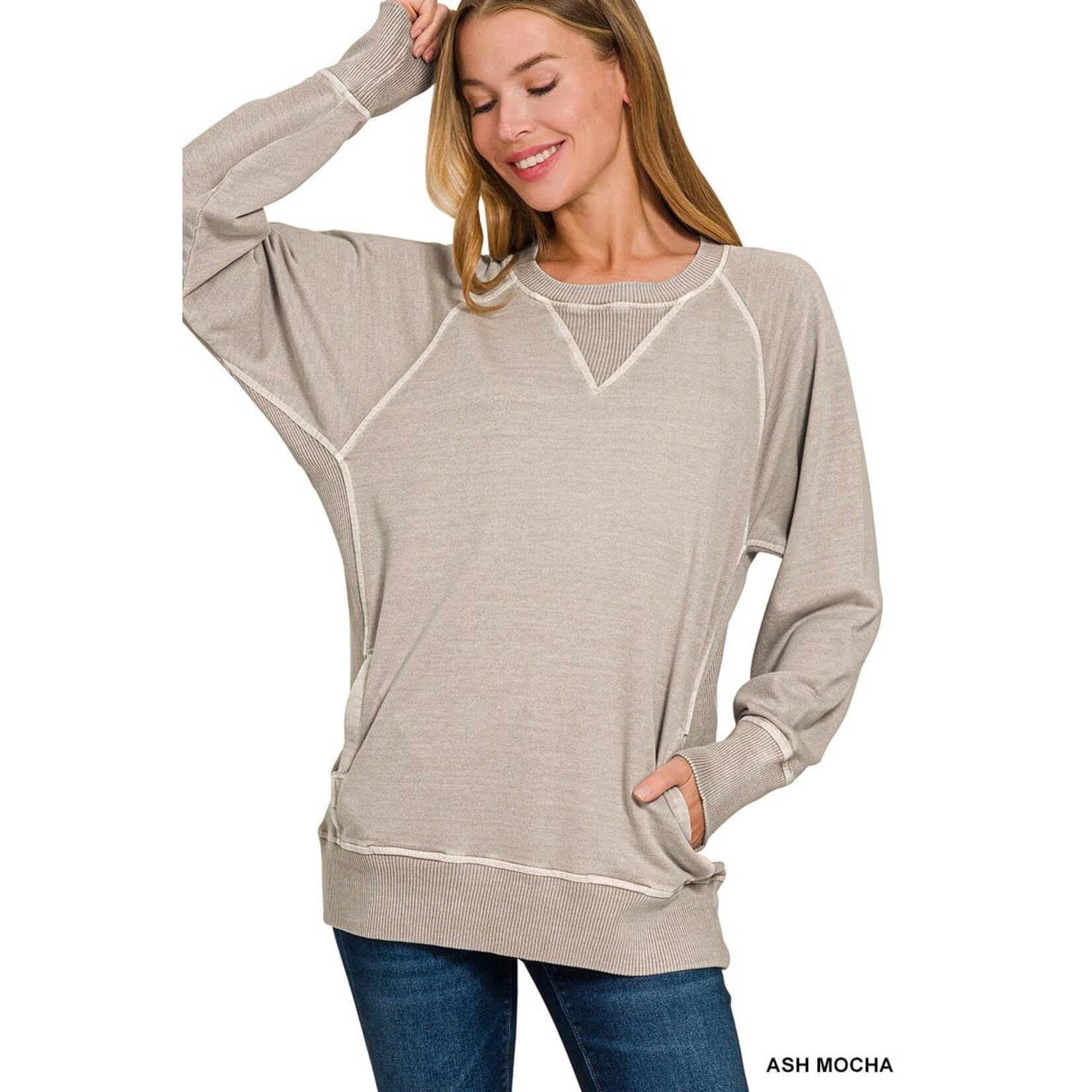 Zenana Zenana Pigment Dyed French Terry Pullover with Pockets Ash Mocha